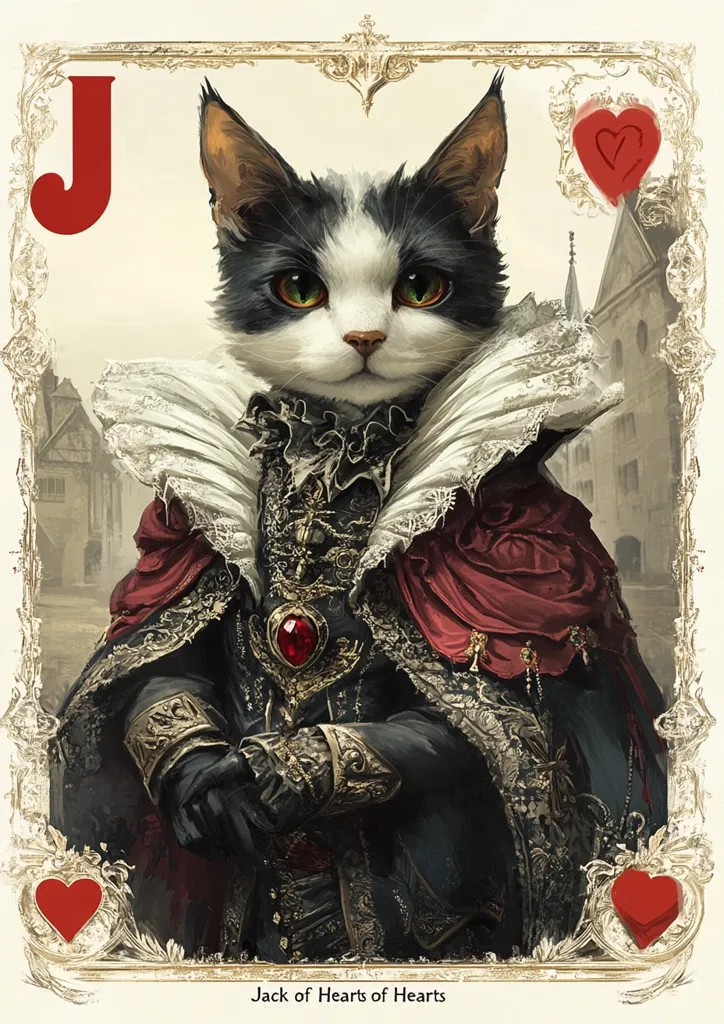 The image is a playing card, depicting the Jack of Hearts. The card features a black and white cat with green eyes, dressed in a  formal outfit with a red and gold cape, a white ruff, and a jeweled necklace. The card is set against a background of a medieval town. The corners of the card have red heart symbols and the top left corner has the letter 'J' in red. The card reads "Jack of Hearts of Hearts".