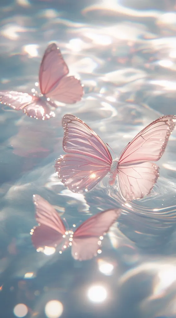 Three delicate pink butterflies with iridescent wings float in shimmering water. The light catches the wings, creating a soft glow. The background is a dreamy blue with subtle water ripples. The image evokes a sense of tranquility and ethereal beauty.