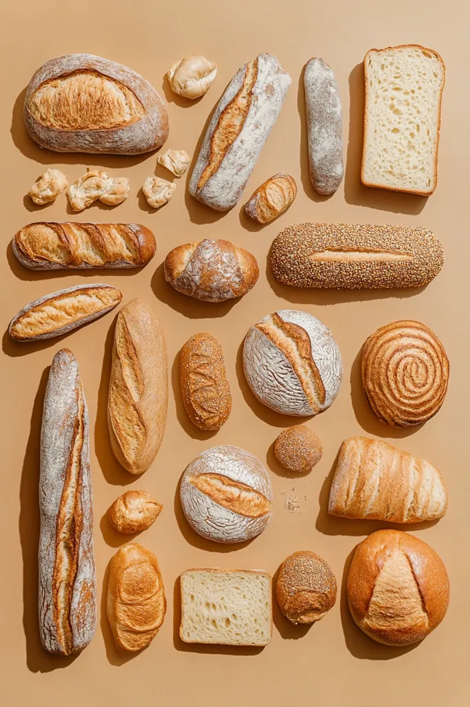 A variety of bread loaves are arranged on a beige background. There are long loaves, round loaves, and even sliced bread. The breads are all different shapes, sizes, and textures, some with a crusty exterior and others with a soft interior. There are also some small bread rolls and pieces of bread scattered around. The image is a visual feast for anyone who loves bread.