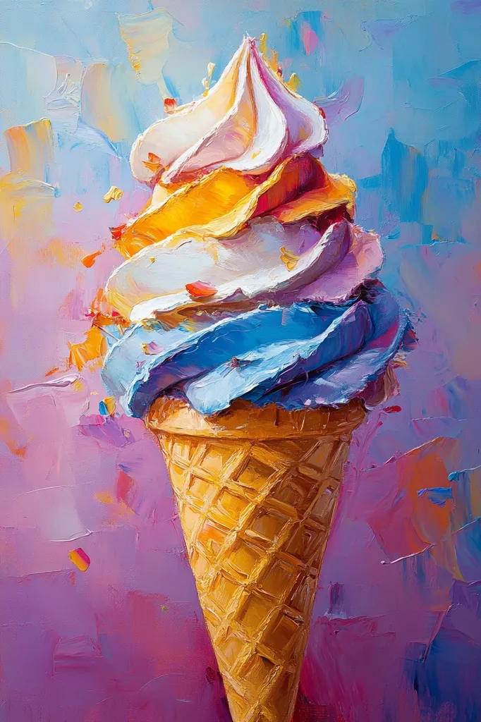The image depicts a colorful ice cream cone on a purple background. The ice cream has layers of white, yellow, blue, and purple, and the waffle cone is a rich brown. The painting is done in a loose, expressive style with bold brushstrokes and vibrant colors, evoking a sense of summertime joy and indulgence.
