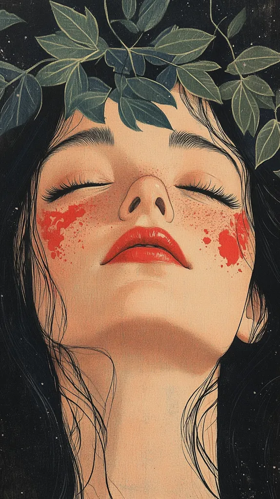 The illustration features a woman with long black hair, her eyes closed and lips slightly parted.  She has a delicate, pale complexion, accented by a touch of red pigment on her cheeks.  A crown of lush green leaves frames her head, adding a touch of nature to the image. The woman's serene expression suggests peacefulness and perhaps a moment of quiet reflection. The artist's use of detail and soft lighting creates a sense of intimacy and tenderness.