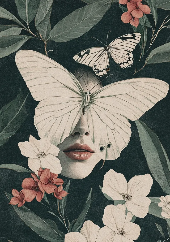 A woman's face is partially obscured by a large white butterfly. The butterfly's wings are delicately painted and its antennae are long and thin. The woman's lips are a bright red and her eyes are closed. The background is a dark green with white flowers and red blossoms. The image is a surreal and beautiful depiction of nature and beauty.