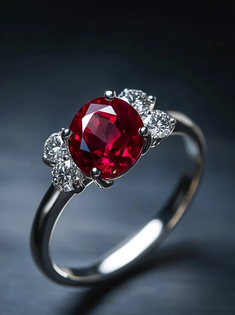 A close-up image of a silver ring with a large, oval-shaped ruby in the center, surrounded by three smaller diamonds. The ruby is a deep, rich red color and the diamonds sparkle brightly. The ring is set against a dark background, which highlights the brilliance of the stones. The image is sharp and well-lit, capturing the beauty and detail of the ring.
