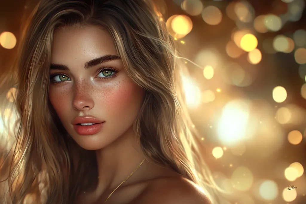 A young woman with long, flowing blonde hair and sparkling green eyes looks directly at the viewer. Her skin is fair and lightly freckled, with a soft glow emanating from her face. She is wearing a delicate gold necklace and is positioned against a background of warm, out-of-focus lights. The image exudes a sense of warmth and intimacy.