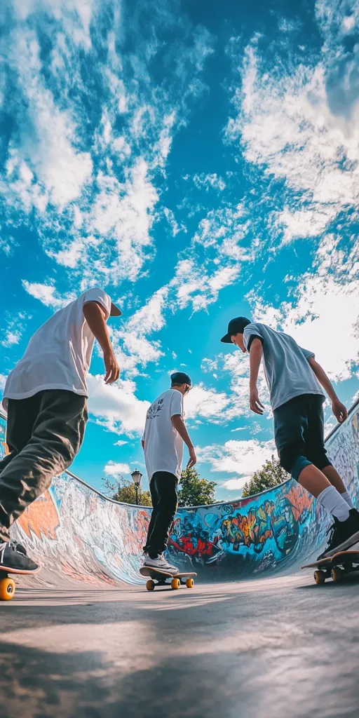 Three skateboarders stand on a half-pipe against a bright blue sky with white clouds. The skatepark is painted with vibrant colors, and the skaters are all wearing casual clothes and hats. One skater is in the foreground and two are in the background, creating a sense of depth. They are about to ride down the ramp, enjoying a sunny day.