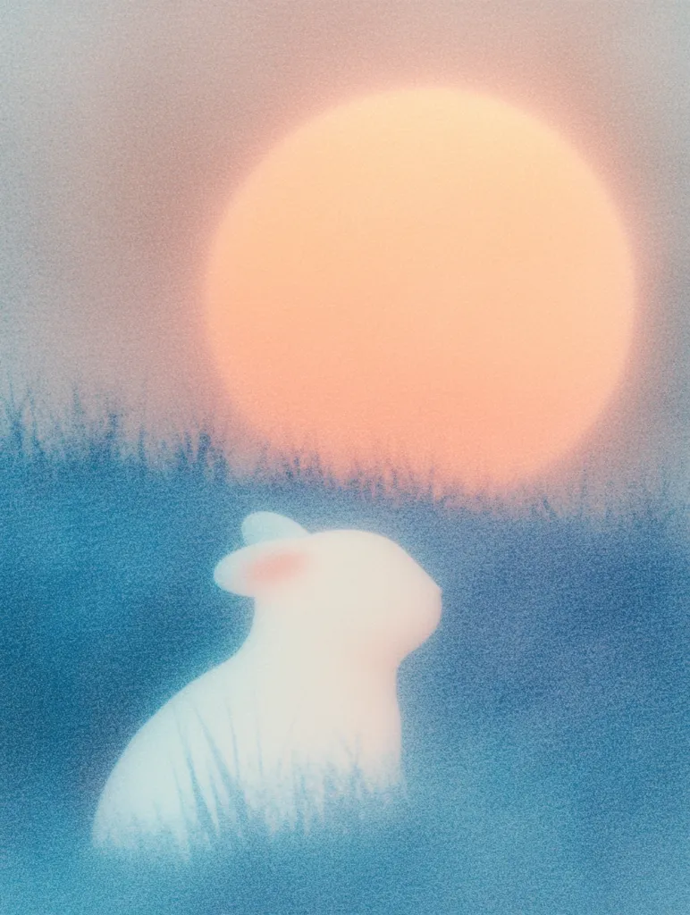 A soft, white rabbit sits in a field of tall grass. The sky behind it is a hazy blend of pink and blue, with a large, round, orange sun rising in the distance. The image is rendered in a blurred, dreamlike style, emphasizing the soft, peaceful atmosphere.