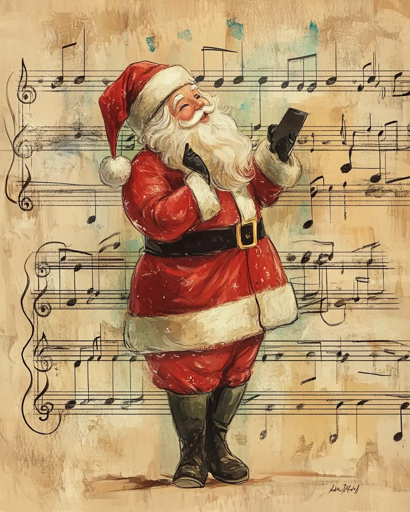 Santa Claus, dressed in his traditional red suit with a white trim, stands against a background of musical sheet music. He is holding a smartphone in his left hand, his right hand is raised in a gesture of greeting or excitement. He smiles cheerfully, suggesting he is enjoying listening to holiday music. The image has a whimsical, vintage feel, created through the use of textured paint and a faded background.