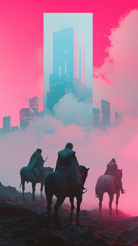 Three figures on horseback ride through a misty, ethereal landscape. A towering skyscraper, shrouded in clouds, looms in the background. The sky is a gradient of pink and blue, creating a surreal and dreamlike atmosphere. The figures are silhouetted against the sky, adding to the mysterious and haunting nature of the scene.  The image evokes a sense of otherworldliness and suggests a journey into the unknown.