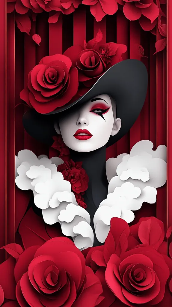 The image is of a woman with red lipstick and dramatic eye makeup, wearing a large black hat adorned with red roses. She is framed by large, red paper roses and appears to be standing in front of a red and white striped background. The woman's face and the flowers are stylized in a paper cut-out style. The image has a vibrant, playful and slightly whimsical feel.