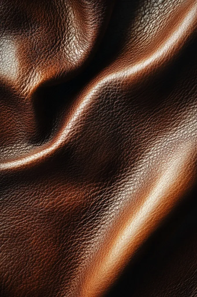 The image shows a close-up of brown leather, with a smooth, textured surface. The leather is wrinkled and folded, creating a dramatic sense of depth and texture. The lighting highlights the subtle variations in the leather's color, emphasizing its natural beauty and richness. The image evokes a sense of luxury and craftsmanship.