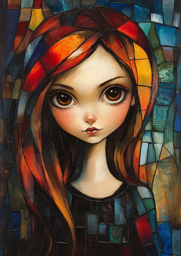 The painting depicts a young woman with long, red hair, wearing a black shirt and a red and orange scarf. The background is a mosaic of blue, green, and yellow squares, creating a vibrant and colorful scene. The woman's eyes are large and expressive, her lips slightly parted, suggesting a thoughtful or introspective mood. The use of bold strokes and contrasting colors adds depth and dimension to the painting, creating a striking visual effect.