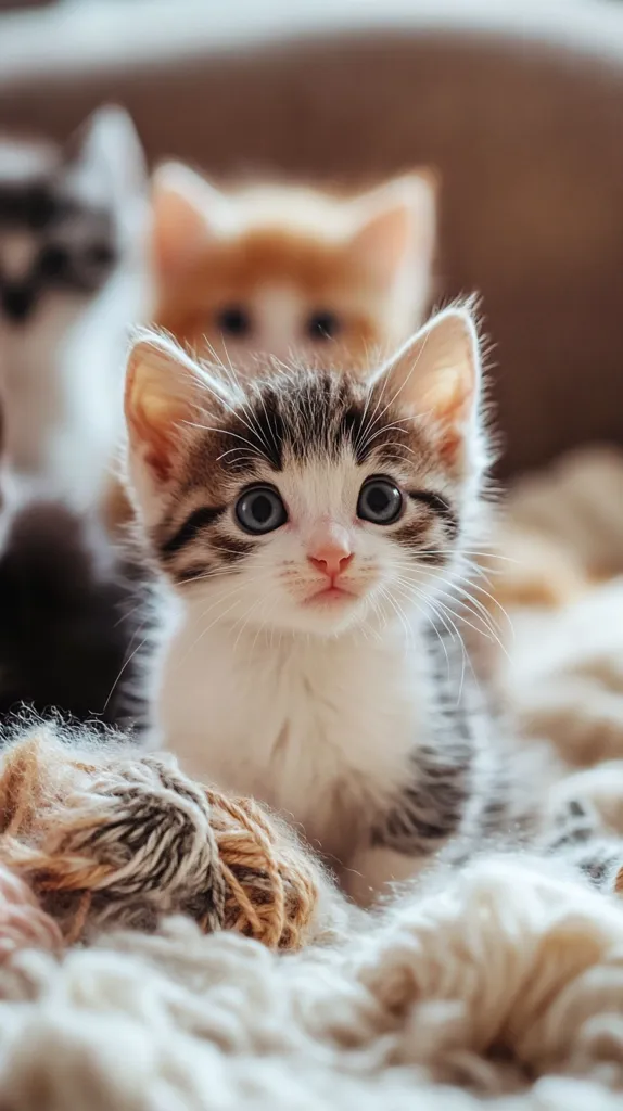 A small, white and tabby kitten with big, blue eyes stares directly at the camera, with its paws tucked under its body. It is sitting on a soft, white, fluffy blanket, with another kitten out of focus in the background. The kitten's fur is soft and fluffy, and its eyes are wide and innocent. The overall mood of the image is one of cuteness and innocence.