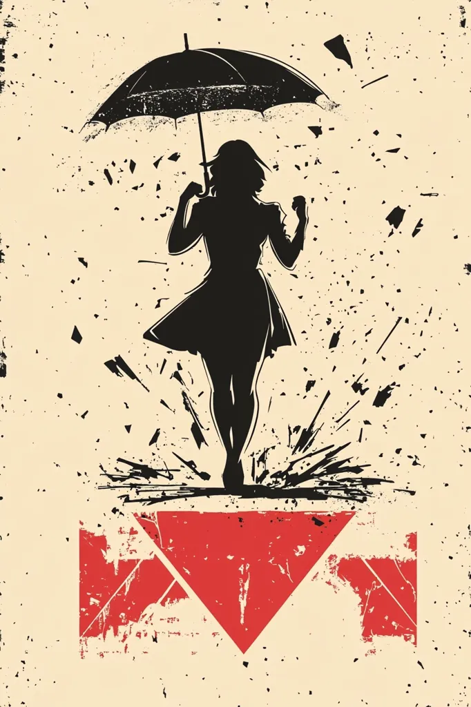 The image is a minimalist illustration of a woman in a dress holding an umbrella. She is walking in the rain, and the image is set against a beige background with a red triangle at the bottom. The woman is a silhouette, and the rain is depicted as a series of black splatter marks. The overall style is edgy and graphic, and the image has a sense of movement and energy. The image suggests a sense of resilience and strength in the face of adversity.