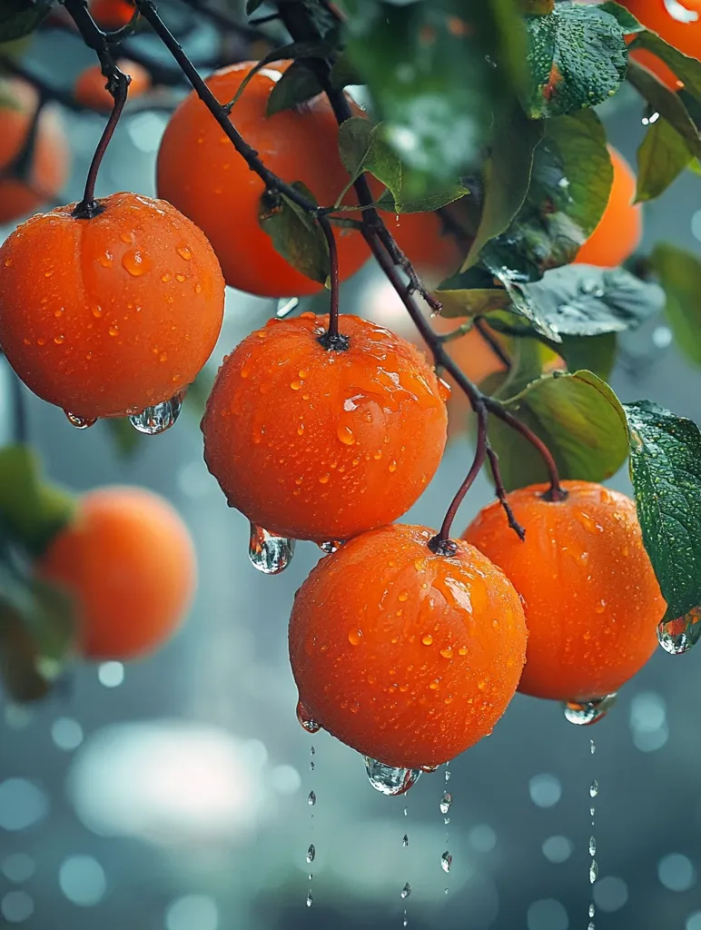 A close-up shot of five bright orange fruits hanging from a tree branch. The fruits are covered in raindrops, with some dripping down. The background is a blur of green leaves and a soft blue sky.  The image evokes a sense of freshness and vibrancy.  The bright colors and water droplets create a visually appealing and refreshing scene.  The image suggests a summer day after a light rain shower.  The fruits look ripe and juicy, ready to be plucked and enjoyed.