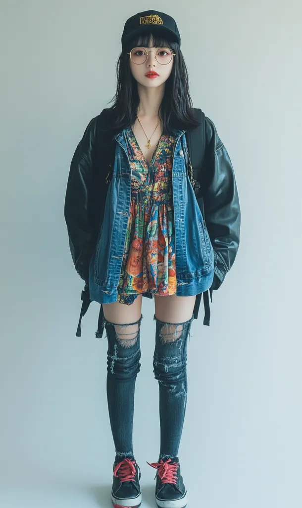 A young woman with long black hair, wearing a black cap, round glasses, a floral dress, a denim jacket, a black leather jacket, ripped denim leggings and red sneakers, stands in front of a plain white background. Her casual style blends comfort and a touch of rebellion.  The lighting casts a soft glow on her features, enhancing her youthful charm.