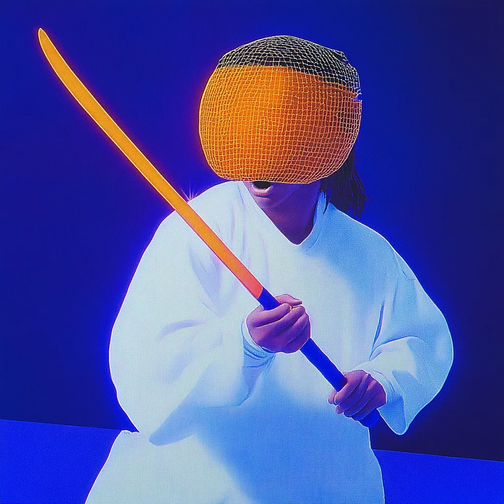 A person in a white sweatshirt is holding a long orange sword in both hands. They are wearing a strange orange and black helmet that looks like a wire mesh sphere. The background is a vibrant blue. The image has a neon and futuristic aesthetic. The subject's face is obscured by the helmet.  The overall mood of the image is powerful and mysterious.