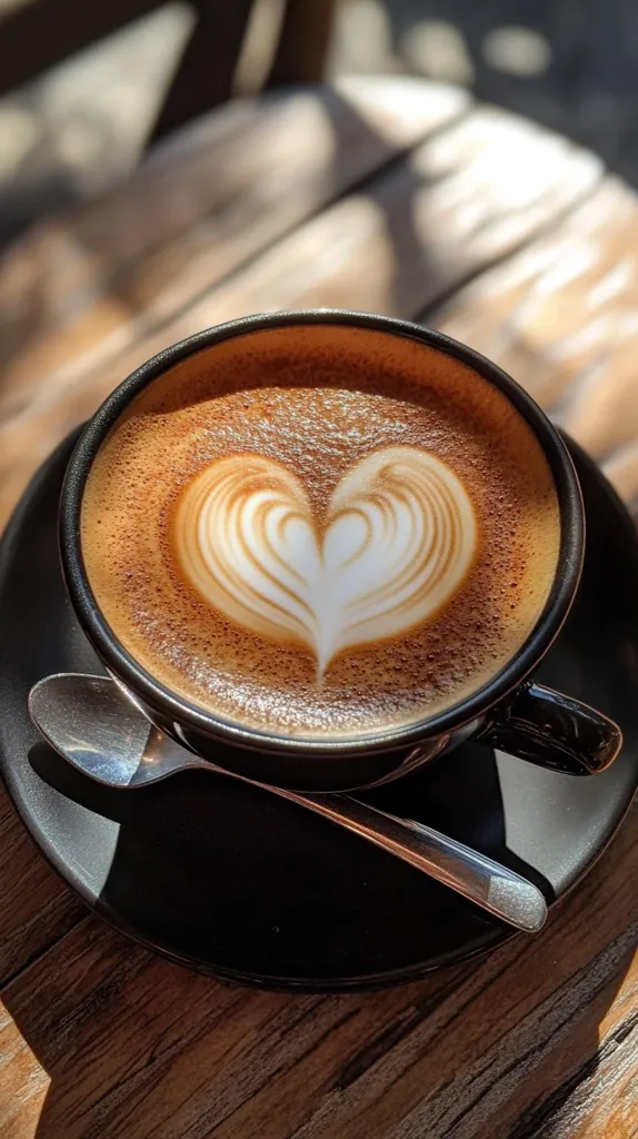 A black cup of coffee with a heart-shaped design in the foam sits on a black saucer, along with a silver spoon.  The cup rests on a wooden table with sunbeams shining through.  The image captures a simple, yet beautiful moment of enjoying a cup of coffee.