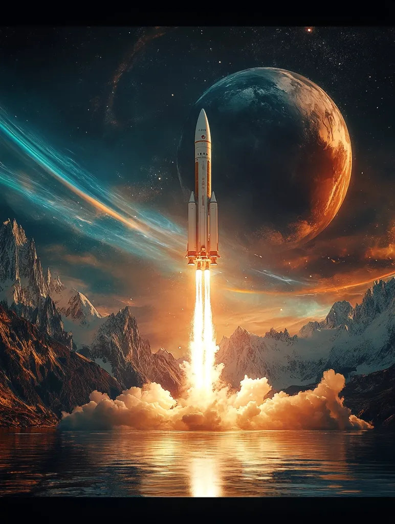 A rocket blasts off into space, leaving a trail of fire and smoke behind it. The rocket is in the foreground, and behind it are mountains, a body of water, and a planet in the distance. The sky is a vibrant blue, with streaks of light from the rocket's exhaust. The scene is both awe-inspiring and hopeful, suggesting the possibilities of space exploration and discovery.
