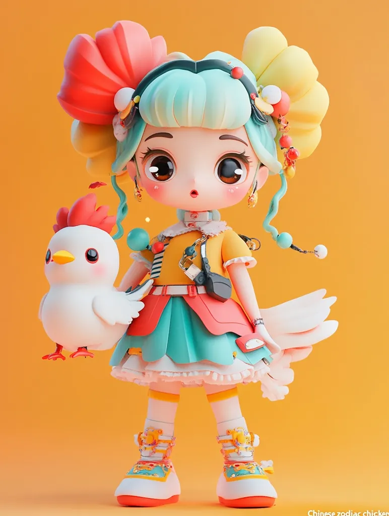 The image is a 3D rendering of a cute, cartoon-like girl with large eyes and bright green hair. She is dressed in a colorful outfit with a skirt, yellow top, and white boots. She is holding a white chicken with red accents. The background is a solid orange color. The overall style is playful and whimsical.  The girl's design might be inspired by the Chinese zodiac chicken.