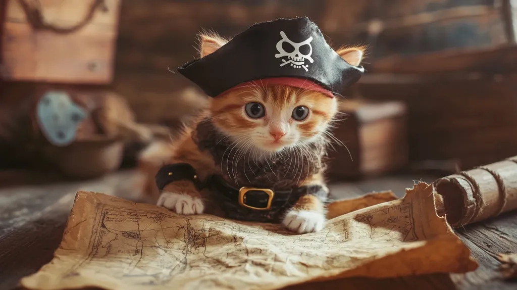 A cute orange tabby kitten wearing a pirate hat and a black vest, sits on a weathered wooden table with a rolled-up map and a wooden barrel behind it. The kitten has big, blue eyes and looks directly at the camera. The image is full of character and whimsy, evoking a sense of adventure and playful imagination.
