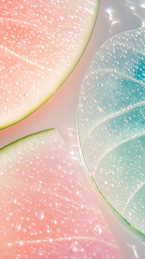 The image is an abstract composition of three overlapping shapes. The shapes are all translucent and have a smooth, glossy surface. The background is a soft, pastel pink. The shapes are covered in tiny water droplets, which create a shimmering effect. The overall effect is one of delicate beauty and tranquility.