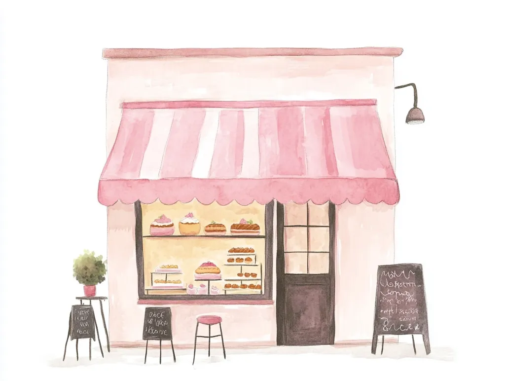 A watercolor painting of a quaint pastry shop with a pink awning and a large window displaying delicious pastries. The shop has a simple white facade with a brown door and a black signboard outside. There is a potted plant and a stool by the shop. The painting evokes a charming and inviting atmosphere, tempting viewers with the aroma of freshly baked treats.