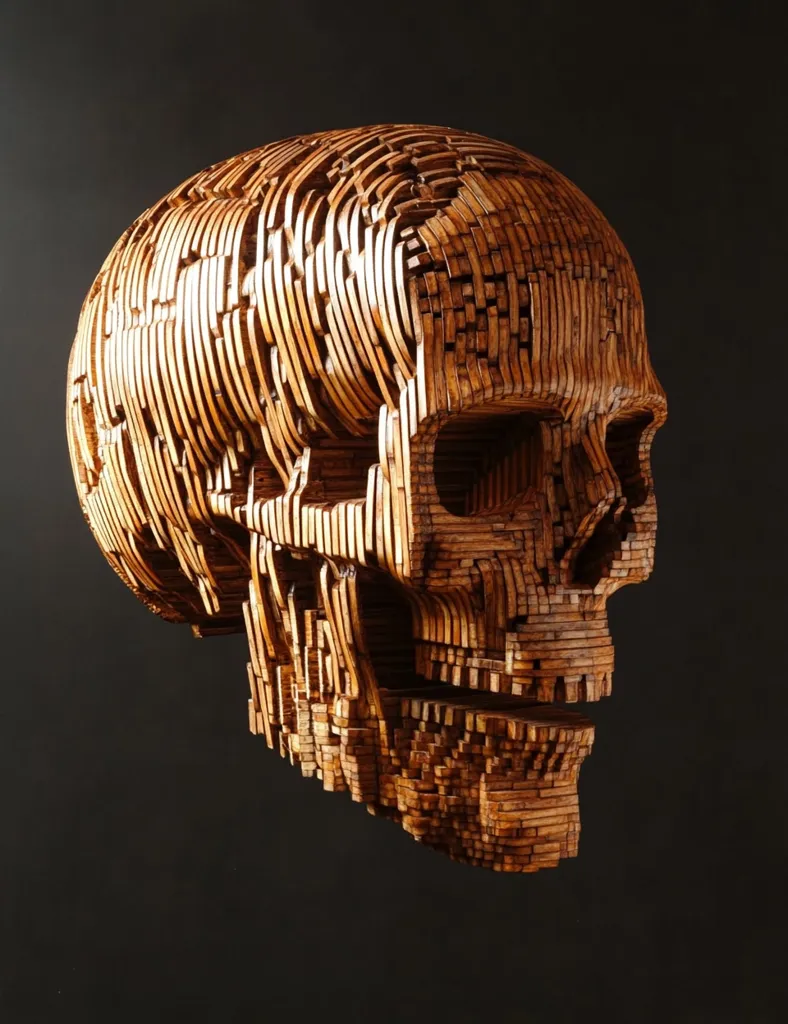 The image shows a wooden sculpture of a human skull. The skull is crafted from numerous small, rectangular wooden pieces that are stacked and interwoven to create a complex and intricate design. The sculpture is displayed against a dark background, which accentuates the intricate details and the textured surface of the wood. The light reflects off the wood, highlighting the individual pieces and creating a sense of depth and dimensionality. The sculpture's craftsmanship is evident in the precise and meticulous assembly of the wooden pieces, creating a visually stunning and thought-provoking work of art.