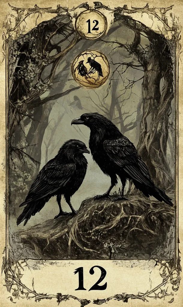 The image is a tarot card, depicting the "Hanged Man." A large, weathered tree trunk dominates the right side of the image, with smaller, gnarled branches filling the background. The central focus is on two black ravens perched on a gnarled tree root. One raven is larger than the other and is positioned facing forward, while the smaller raven is slightly behind it, turned slightly to the side.  The background is obscured with misty gray hues, suggesting a mysterious, foreboding atmosphere. A circular symbol with three ravens perched within it is featured at the top, adding to the eerie, prophetic nature of the card. The number "12" is prominent in the upper and lower sections of the image, further emphasizing its association with the Hanged Man archetype.  The image is drawn in a style reminiscent of gothic and macabre art, highlighting the darker aspects of the tarot card.