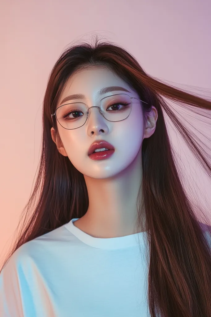 A young woman with long, dark hair is looking directly at the camera. She is wearing a white t-shirt and a pair of cat-eye glasses. The background is a soft pink and blue gradient. The lighting is soft and the woman's expression is serious. Her makeup is natural and her lips are a soft pink. She looks stylish and confident.