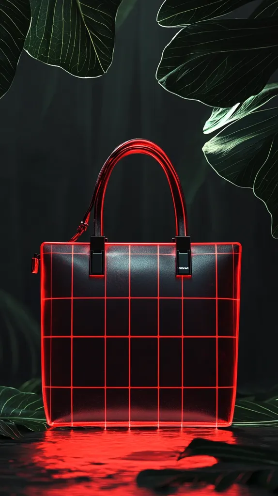 A black leather handbag with red neon grid pattern sits on a dark surface. The background is blurred with leafy green foliage. The bag is lit from within, creating a glowing effect. The red neon lines create a futuristic and modern aesthetic. The reflection of the bag is visible on the surface.