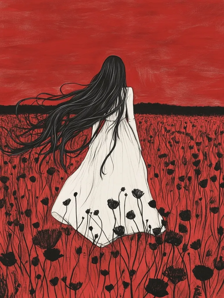 A woman in a white dress walks through a field of black flowers against a bright red sky. Her long black hair flows behind her as she walks, and the flowers around her seem to sway with the wind. The image creates a sense of loneliness and isolation.