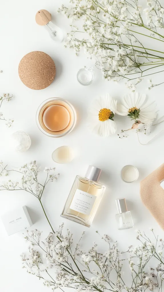 The image depicts a minimalist, white and beige aesthetic with a focus on beauty products. There's a bottle of perfume, a small vial of oil, and other beauty items scattered on a white background. The scene is softened by delicate white flowers and a subtle touch of wood. The overall mood is calming and luxurious.