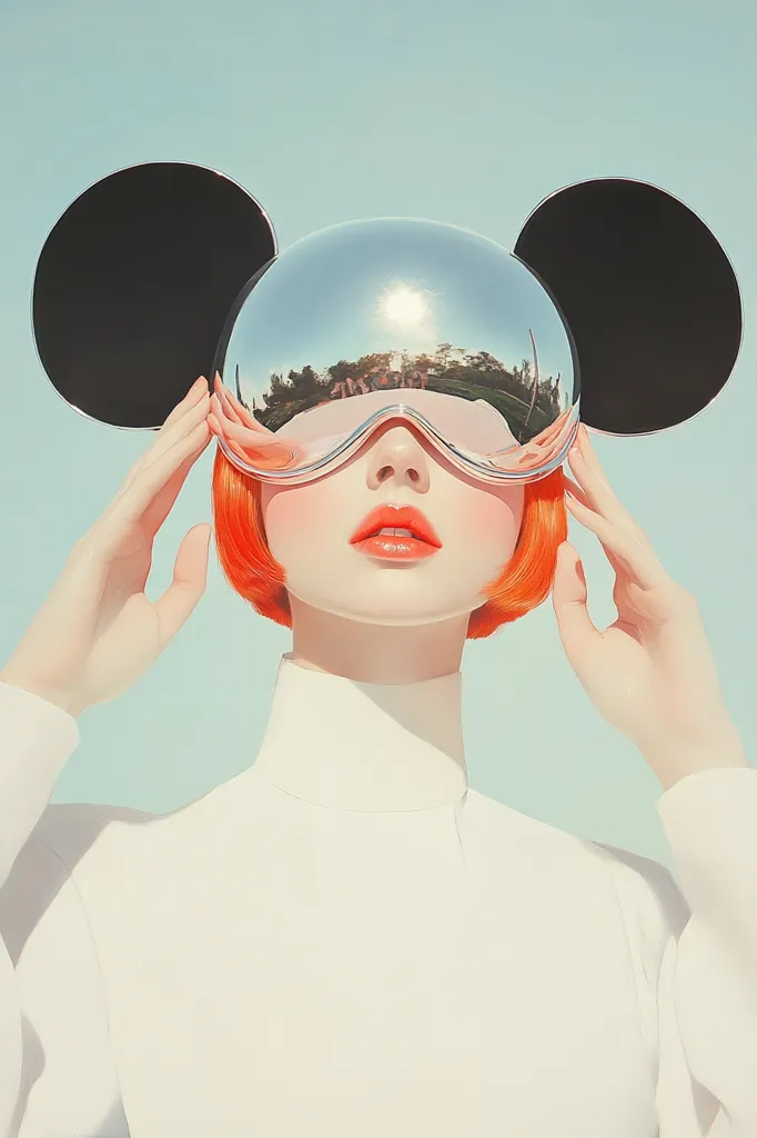 A woman with bright orange hair wears a pair of large, silver, mirrored glasses with black Mickey Mouse ears attached. The glasses reflect the sky, creating a cool and futuristic look. The woman is wearing a white turtleneck, and her expression is neutral.  The background is a soft, pastel blue.