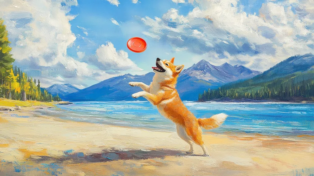 A painting of a dog jumping for a red frisbee. The dog is in the foreground, with a lake and mountain range behind. The sky is a bright blue with white puffy clouds. The water is a bright turquoise. The dog is a reddish-brown color and appears to be a mix of breeds. The frisbee is in mid-air, just above the dog's head.