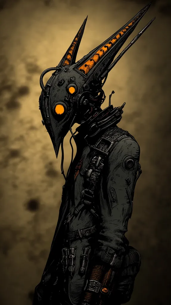 The image depicts a dark, menacing figure in a futuristic, almost skeletal, suit. The figure is heavily armed with various tools and gadgets. The prominent headpiece has sharp, angular features and glowing orange eyes. The background is a muted brown, adding to the overall sense of mystery and intrigue.  The figure's menacing presence and the gritty detail of the art style create a sense of dystopian science fiction.