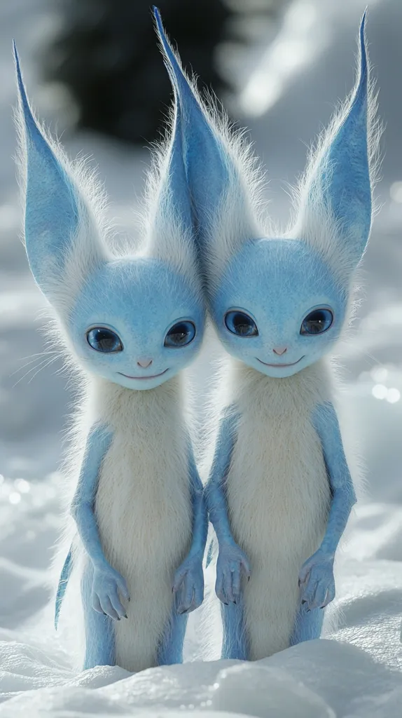 Two fluffy, blue-furred creatures with large, pointed ears stand side-by-side in a snowy landscape. Their eyes are big and round, and they have a gentle, almost childlike expression on their faces. The creatures' fur is soft and white, and their bodies are slender and graceful.  They are standing in a field of snow, their fur reflecting the sunlight.  Their long tails are tucked behind their legs.  They appear to be in a friendly and playful mood.