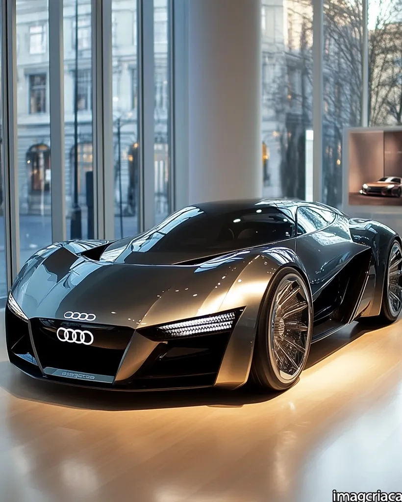 A sleek, silver Audi concept car sits in a showroom with large windows. The car has a low profile, sharp lines, and a futuristic design. The front headlights are slim and sleek, and the wheels have intricate spoke designs. The background is blurred, focusing on the car's details. The car appears to be parked on a beige floor.  The Audi logo is prominently displayed on the front grille. The overall image is one of luxury and high-performance.