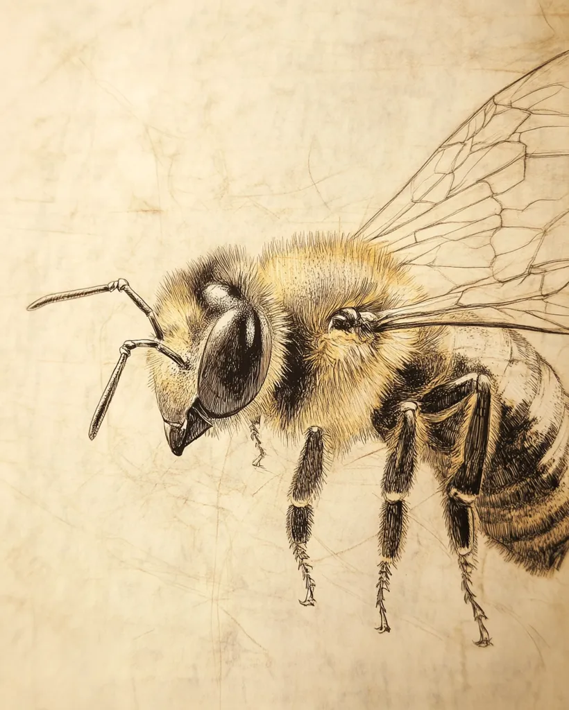 A detailed pen and ink drawing of a bee against a beige background. The bee is drawn with fine lines and shading, showing its intricate details such as the hairs on its body, the veins on its wings, and the segmented legs. The background is textured with subtle lines and creases, giving the impression of aged paper. The drawing captures the bee's delicate beauty and intricate anatomy.