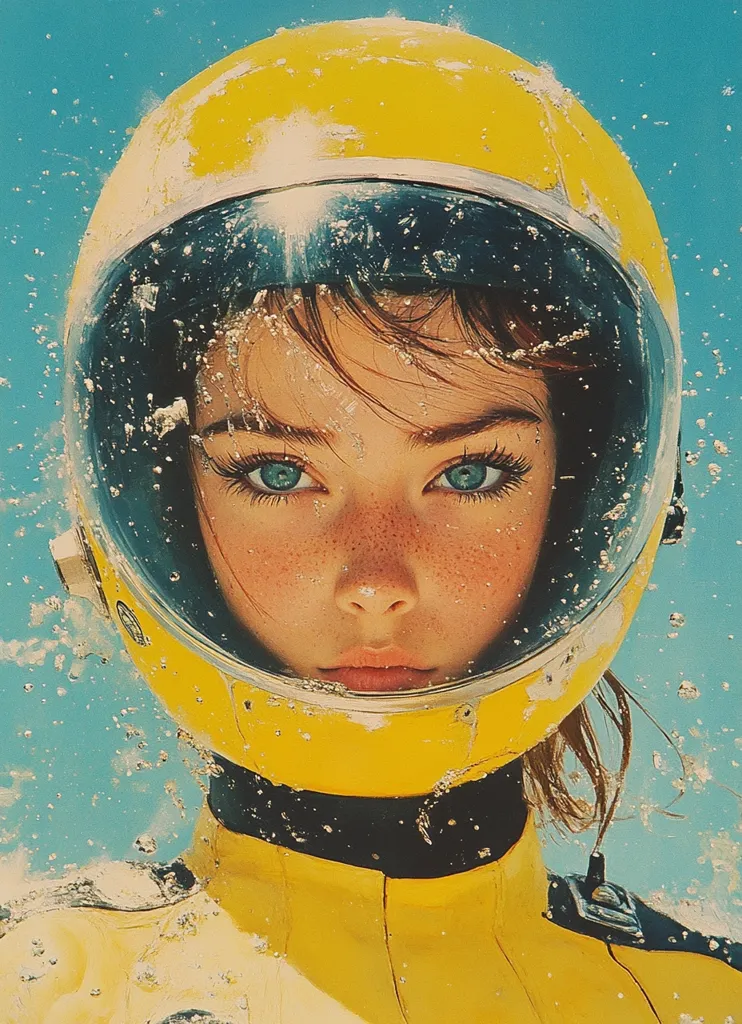 The image shows a woman wearing a yellow helmet with a clear visor, likely for diving or swimming. Water droplets cling to the helmet and her face, suggesting she's emerged from the water. Her eyes are wide and focused, creating a sense of alertness and readiness. The bright yellow helmet and suit contrast against the turquoise water, making the image visually striking and hinting at an underwater adventure.
