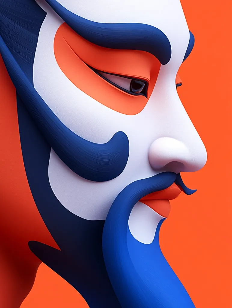 The image is a close-up of a stylized face. The face is primarily white, with bold blue and orange accents. It features a large, blue beard, thick blue eyebrows, and an orange mouth and eye. The background is a solid orange. The face is depicted in a minimalist, almost cartoon-like style. The overall impression is one of boldness and expression.