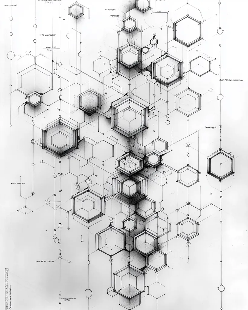 The image is a black and white technical drawing of a complex geometric design. It features numerous interconnected hexagons, some layered and overlapping. Lines extend from the hexagons in a grid-like pattern, suggesting a spatial structure. There are also small circles scattered throughout the composition, adding visual interest and contributing to the intricate nature of the design. The image is likely an architectural or engineering plan, demonstrating precision and detail in its representation.