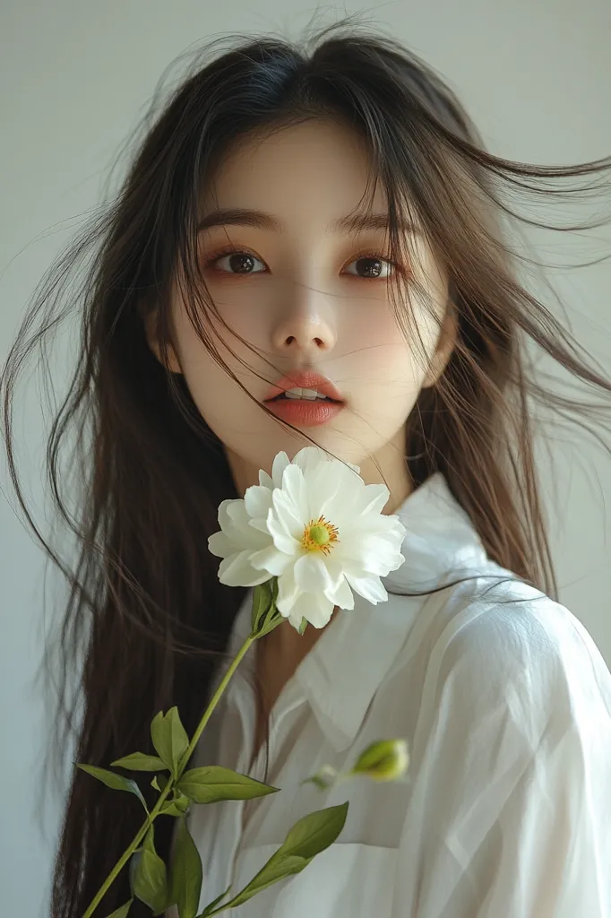 The image shows a young woman with long, dark hair, wearing a white shirt. She is looking at the camera with a gentle expression. A white flower is held in front of her face, its petals partially obscuring her features. The lighting is soft and the background is a simple, light gray, creating a serene and elegant atmosphere.