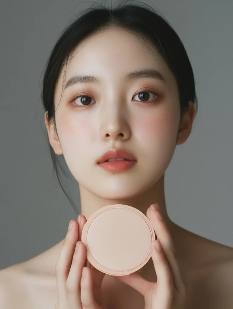A young woman with long black hair is holding a round, light pink compact in front of her face. She has flawless skin and is wearing light makeup, including brown eyeshadow and nude lipstick. The background is a soft gray. The image focuses on the woman's face and hands, with the compact being the main focal point. The overall impression is one of beauty and elegance.