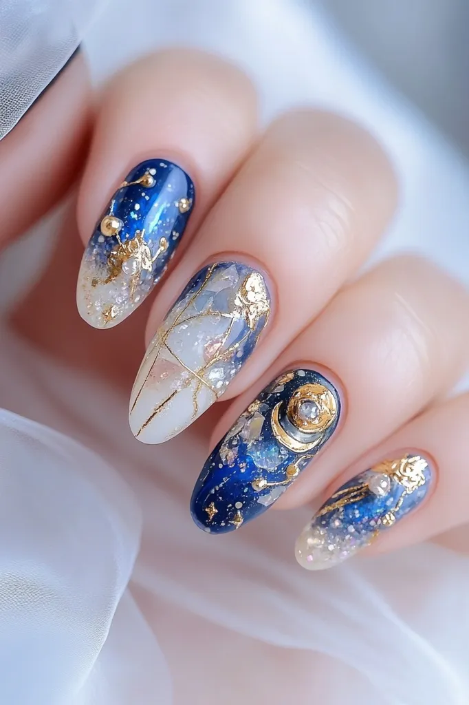 A hand with five manicured nails is displayed on a white background. Each nail is painted with different shades of blue, white, and glitter. Gold leaf and tiny rhinestones decorate the nails, creating a celestial-inspired design. The nails are long and almond-shaped, adding to the overall glamorous look.  The image highlights intricate nail art, showcasing creativity and meticulous detail.