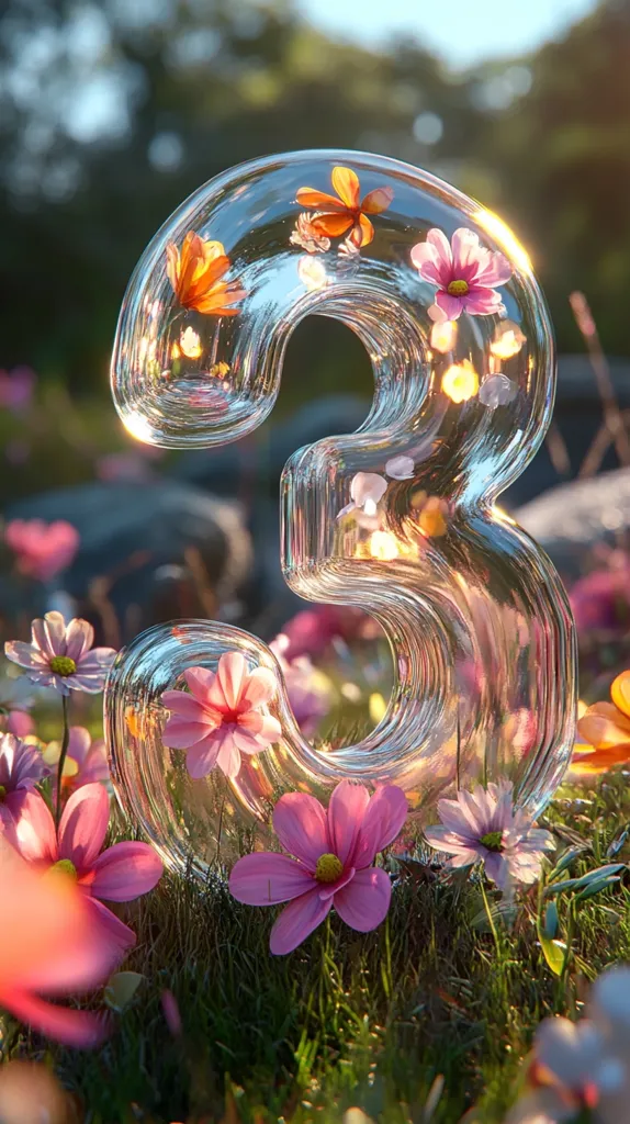 A glass sculpture of the number three sits among a field of delicate pink and orange flowers. The glass is clear and transparent, and the flowers are visible through the glass. The sculpture is surrounded by lush green grass. The light shines through the glass, creating a sparkling effect. The image is a beautiful and whimsical representation of nature and art.