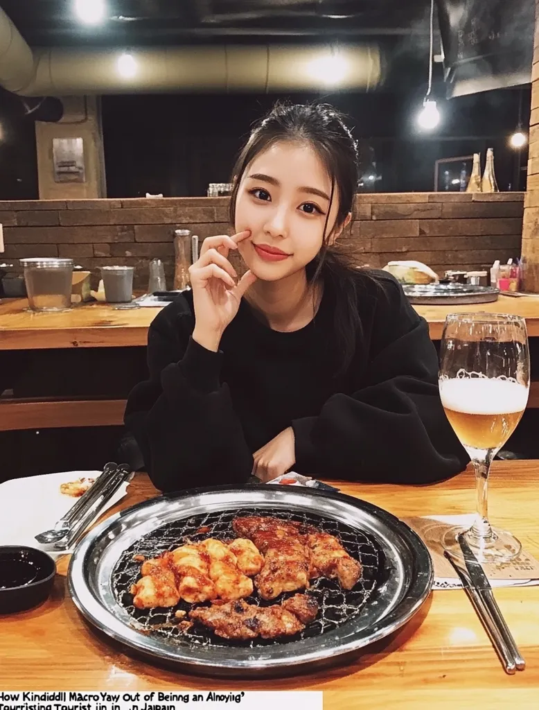 A young woman with long black hair sits at a table in a restaurant, smiling at the camera. She has a glass of beer in front of her and is looking at the viewer with a friendly expression. There is a hot plate in front of her with meat and vegetables cooking on it. The image is warm and inviting, suggesting a casual and enjoyable dining experience.