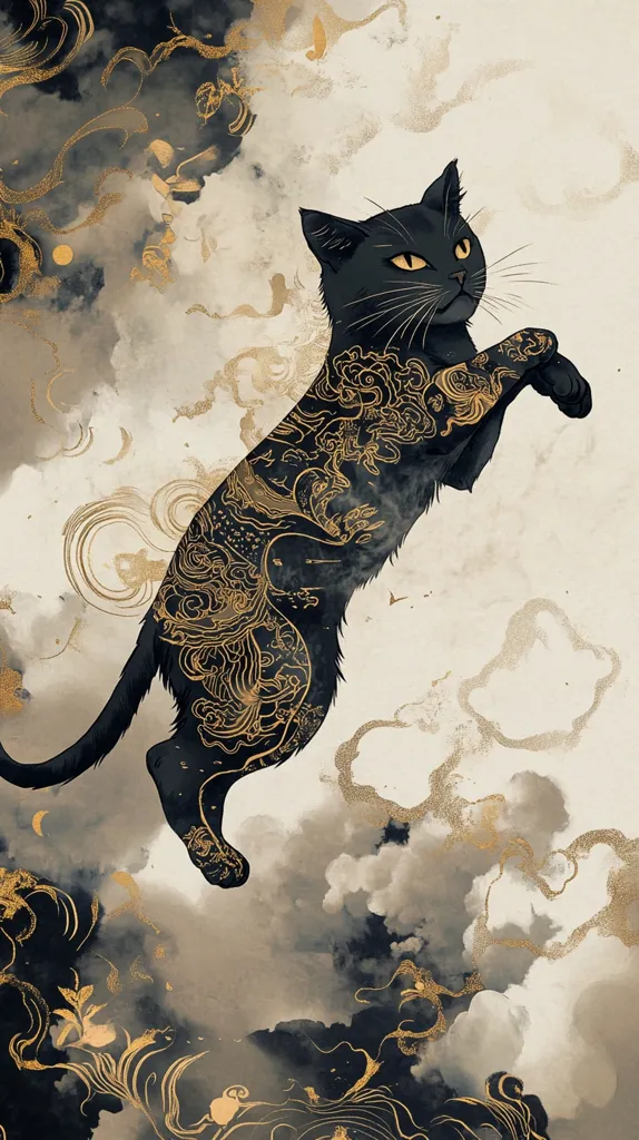 The image depicts a black cat with intricate golden tattoos on its body, leaping through a swirling background of clouds and mist. The clouds have a subtle golden shimmer, creating a hazy and ethereal atmosphere. The cat's piercing yellow eyes are focused on the viewer, while its tail extends behind it, adding to the dynamic pose. The overall style of the image is reminiscent of traditional Japanese art, with bold lines and a stylized aesthetic.  The cat appears to be a mythical creature with a unique and powerful presence.