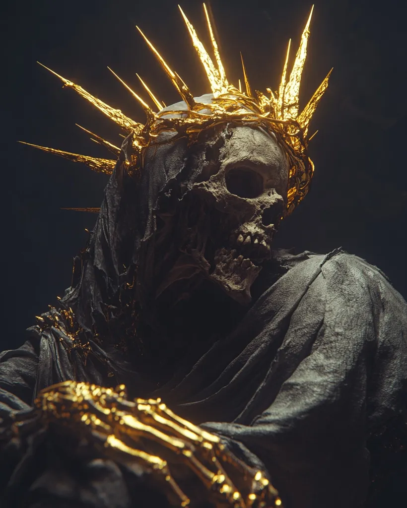 The image depicts a skeletal figure wearing a black robe and a crown of golden thorns. The skull is partially obscured by the hood, but its empty eye sockets and exposed teeth are visible. The figure's arm is outstretched, with a golden skeletal hand reaching out. The dark background emphasizes the ominous and eerie atmosphere of the image. The image suggests themes of death, power, and the passage of time.