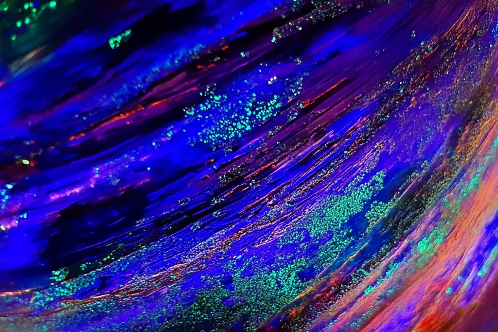 The image displays a close-up view of an opal, revealing a mesmerizing interplay of colors. Deep blues dominate the scene, swirled with streaks of purple and red, creating a sense of depth and movement. Tiny, shimmering dots of green add a vibrant touch, scattering like stars across the surface. The overall effect is one of ethereal beauty, showcasing the opal's unique and captivating nature.