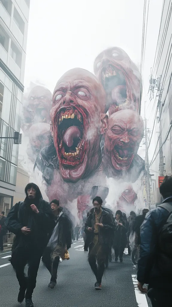 A group of people walk down a city street, oblivious to the enormous, monstrous heads looming above them. The heads are grotesque and unsettling, with gaping maws and unsettling expressions. The people are dressed in dark clothing, their faces hidden in the shadows. The atmosphere is tense and foreboding, suggesting something sinister is about to unfold. The image captures the feeling of a impending apocalypse.